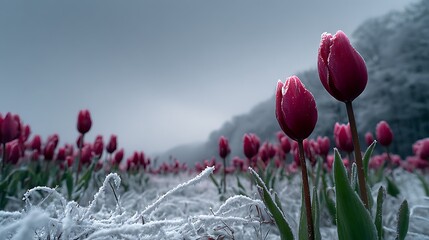 Winter tulip field with snow covered flower pictures
