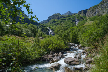 beautiful mountain river and waterfalls