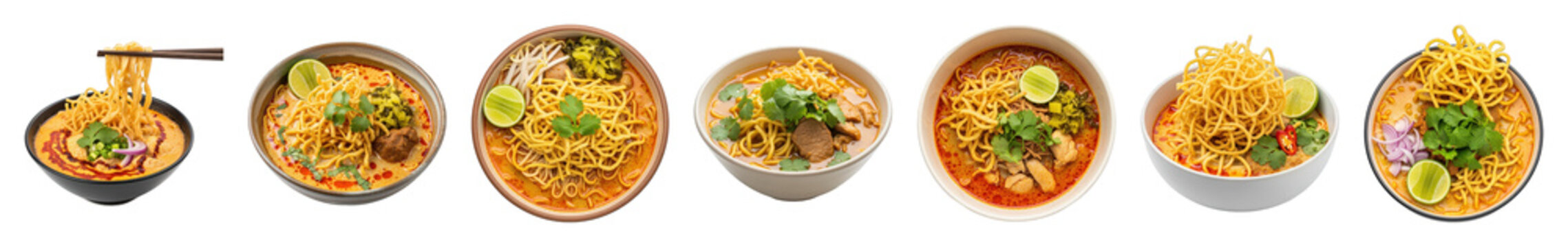 Khao Soi noodle soup set including multiple bowls, crispy noodles, and diverse garnishes isolated. Authentic Thai curry cuisine.