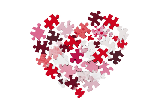 Heart made of colorful puzzle pieces, isolated on white transparent background