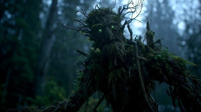 Cinematic scene of Leshy, the ancient Slavic forest spirit, rising from the earth. His body of wood, moss, and roots glows with faint green eyes amid a dark, misty primeval forest.
