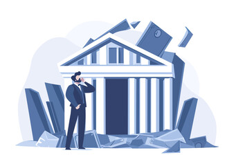 Obraz premium Businessman standing worried near collapsing bank building with falling pillars and flying documents financial crisis bankruptcy risk concept flat vector illustration