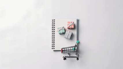 mini shopping cart with notepad and colorful gift boxes