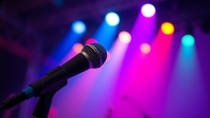 Obraz premium A microphone on stage bathed in colorful lights, capturing the energy of a live concert.