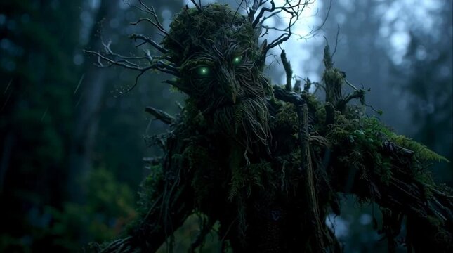 Cinematic scene of Leshy, the ancient Slavic forest spirit, rising from the earth. His body of wood, moss, and roots glows with faint green eyes amid a dark, misty primeval forest.
