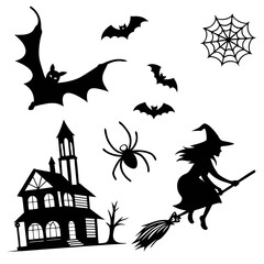 Halloween silhouette collection featuring a witch flying on a broomstick haunted house bats spider and spiderweb