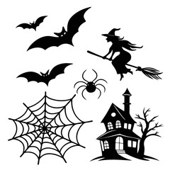 Fototapeta premium Halloween silhouettes featuring a witch flying on a broomstick bats spider web haunted house and spider