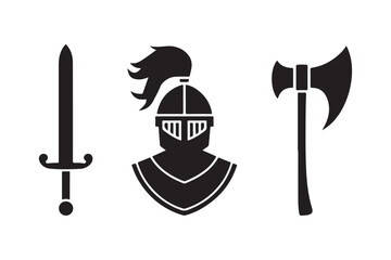Medieval knight helmet sword and axe silhouette icons