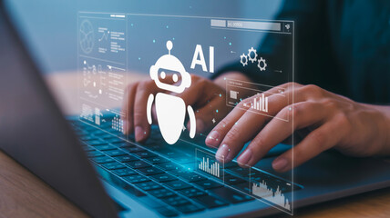 Hands typing on laptop with futuristic AI interface and data visualizations glowing