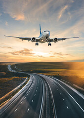 Airplane landing at sunset .