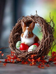 Easter bunny in a basket with colored eggs.