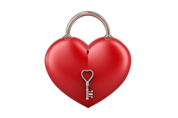 Red Heart Padlock with Silver Key, Love Symbol isolated on white transparent background