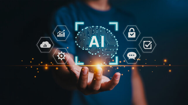 Modern AI brain concept presented by human hand with technology icons and glowing data