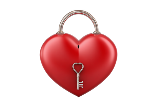 Red Heart Padlock with Silver Key, Love Symbol isolated on white transparent background