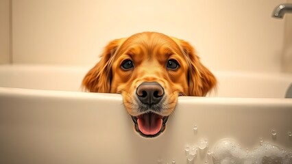 Golden retriever peeking from behind a bathtub with bubbles, capturing a playful and warm pet moment.