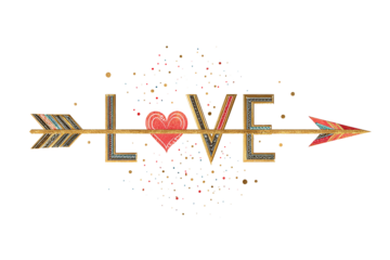 Artistic Gold LOVE with Heart & Arrow and Confetti, isolated on white transparent background