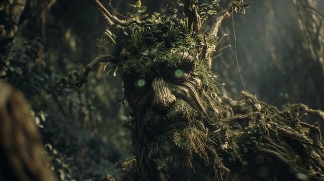 Cinematic scene of Leshy, the ancient Slavic forest spirit, rising from the earth. His body of wood, moss, and roots glows with faint green eyes amid a dark, misty primeval forest.
