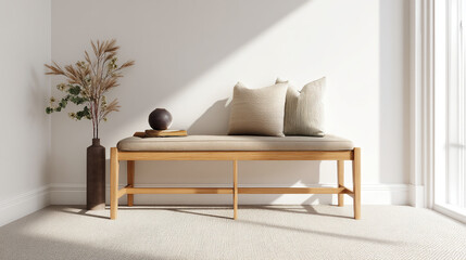 Minimalist Entryway with Bench, Pillow, and Decorative Vases | Bright Modern Entryway Design with Coat Rack and Door | Stylish Entry Hall with Bench and Home Decor