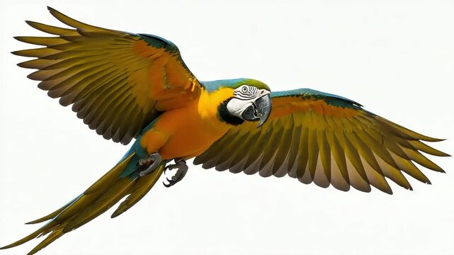 A vibrant blue and yellow macaw parrot in midflight with its wings spread wide, isolated on a white background