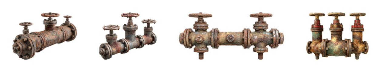 Rusty industrial valves inspection in urban, isolated on transparent background, png set