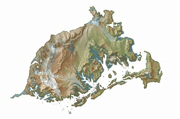 Island topographic map, aerial view, mountains, coast, background white, geography lesson