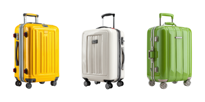 Vibrant luggage collection travel destination product display, isolated on transparent background, png set