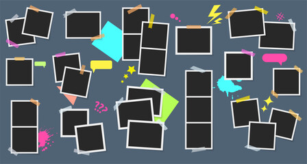 Photo frames vector set. Colorful scotch tape strips. Photos with scotch strips. Frames collection.