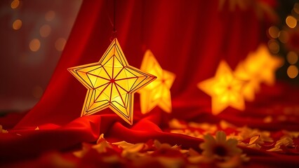 Golden star lanterns glowing against red silk, with scattered chrysanthemum petals for a festive touch.