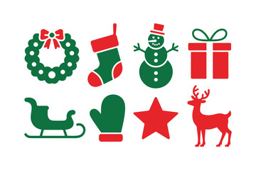 Collection of festive christmas icons including wreath stocking snowman gift sleigh mitten star and deer
