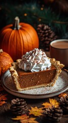 Fototapeta premium Delicious pumpkin pie slice with whipped cream, surrounded by pine cones, and pumpkins. Vertical photo
