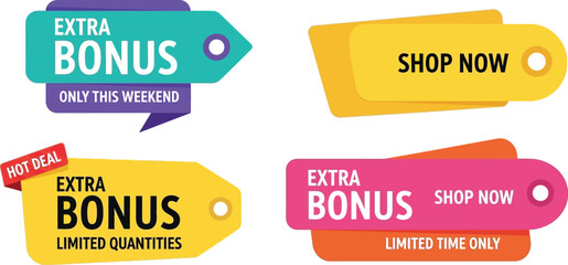 Eye-catching sale tags and labels offering extra bonuses and shop now calls to action.