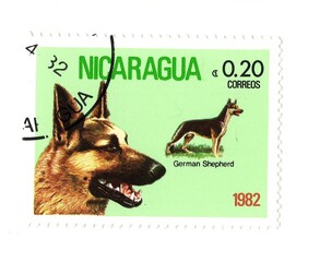 A vintage postage stamp from Nicaragua isolated on a white background.