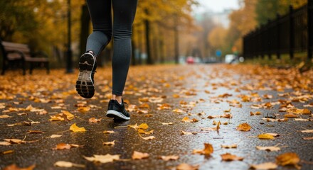 Female runner enjoying a morning workout on a wet autumn day covered with colorful leaves in an urban park setting