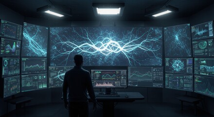 Data scientist analyzes complex information streams across multiple screens in a high tech command center