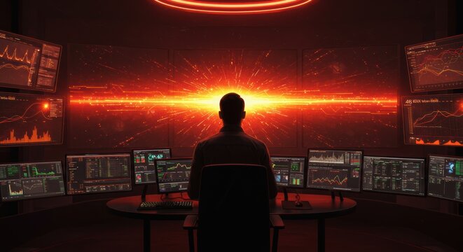 A futuristic data analyst monitors multiple screens in a modern high tech control center illuminated by glowing red technology
