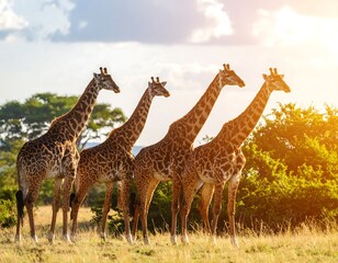 Four giraffes standing in a savanna landscape at sunset