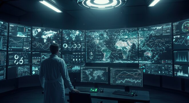 High tech control room shows a global data analyst monitoring network systems for cybersecurity and intelligence