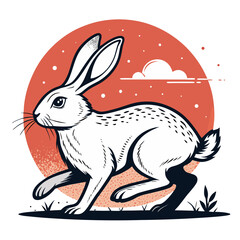 Running white rabbit illustrated on red background with clouds  