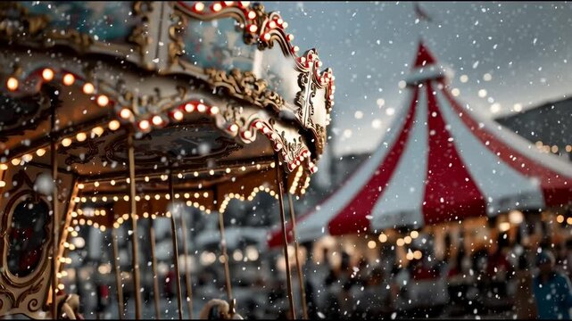 A magical Christmas fair with glowing carousel and snowfall. Retro point-and-shoot film camera cozy childhood 2000s holiday vibe. Copy space background.