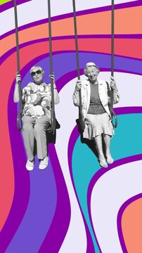 2D animation of art collage. Portrait of a smiling elderly women on swing . Design with abstract color background and senior women