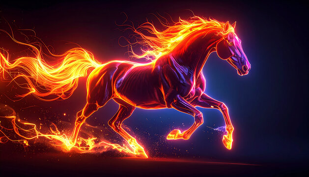 Fiery horse with glowing neon outlines and dynamic movement. Ai