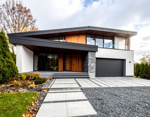 A modern two-story house with a combination of white, wood, and dark gray exterior, featuring a paved driveway and landscaping.