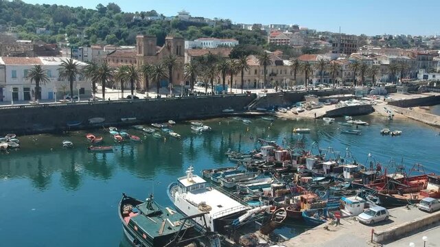 Drone Shot of Fishing Boats in el kala Harbor, Algeria