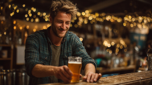 Young man smiling while pouring beer at a bar concept of International Beer Day - Powered by Adobe