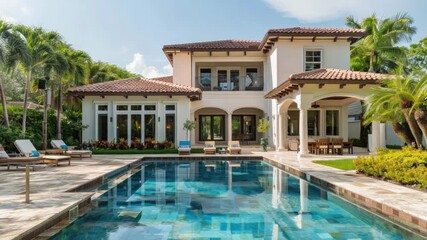 A single-family home with an outdoor swimming pool and surrounding landscape, perfect for use in real estate listings or vacation rental promotions