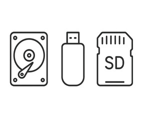 Storage devices of various types including a hard drive, USB flash drive, and SD card arranged in a row for comparison
