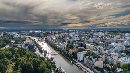Fototapeta premium Drone Shot of Turku and Aurajoki River, Summer Cityscape in Finland