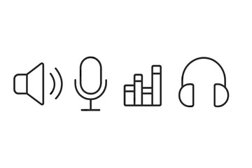 Sound icons representing audio elements including volume, microphone, waveform, and headphones in a minimalist design