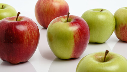 Various apples in shades of red and green are positioned close together on a shiny surface, highlighting their fresh, vibrant colors under bright lighting