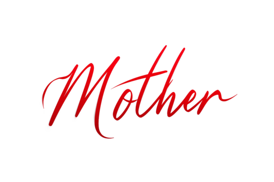Red script "Mother" word, cutout style with shadow, isolated on white transparent background